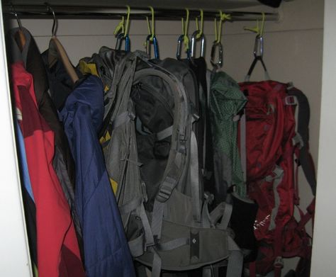 Ideas for storing your gear in a tiny apartment. Outdoor Storage Closet, Backpacking Gear Storage, Closet Hooks, Outdoor Gear Storage, Camping Gear Storage, Gear Room, Family Tent Camping, Gear Organizer, Storage Closet