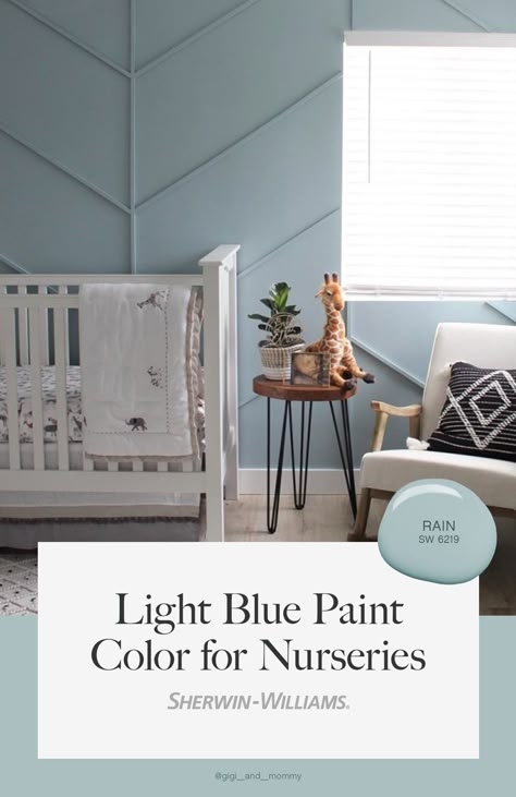 Make your nursery cute-as-can-be with the light blue paint color Rain SW 6219 from Sherwin-Williams. To see this happy hue in your home, tap this pin to order a free color chip. #sherwinwilliams #diy #homedecor #nursery #paint #diyprojects #homeimprovement #blue #babyblue Dolphin Blue Paint Behr, Dusty Blue Accent Wall Nursery, Sage Blue Nursery, Best Blue Paint For Nursery, Light Blue Accent Wall Nursery, She Twin Williams Light Blue, Sw Nursery Paint Colors, Benjamin Moore Blue Nursery, Pale Blue Paint Colors Bedroom