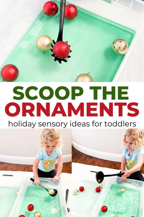 Ornament Scooping | Holiday Sensory Ideas for Toddlers - Toddler Approved Christmas Sensory Play, Sensory Play For Toddlers, December Preschool, Christmas Activities For Toddlers, Sensory Play Toddlers, Christmas Sensory, Preschool Christmas Activities, December Activities, Christmas Preschool