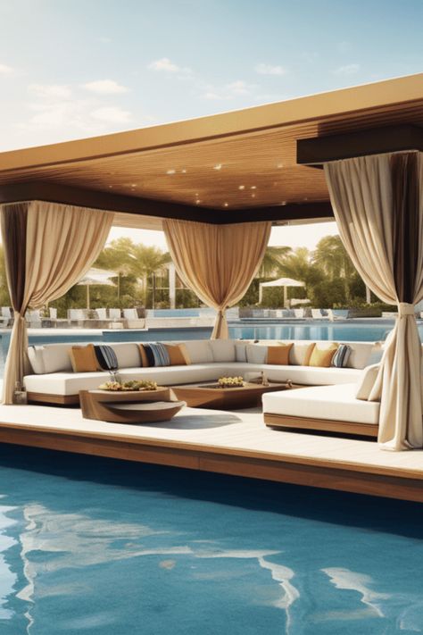 A bold design statement, this floating pavilion hovers above the water, connected to the poolside by a sleek bridge. Inside, modern furniture and high-tech amenities define the luxury experience. Cabana Poolside, Floating Pavilion, Luxury Poolside, Epic Pools, Pool Bed, Modern Pool House, Scandinavian Hygge, Pool Cabana, Luxury Outdoor Furniture