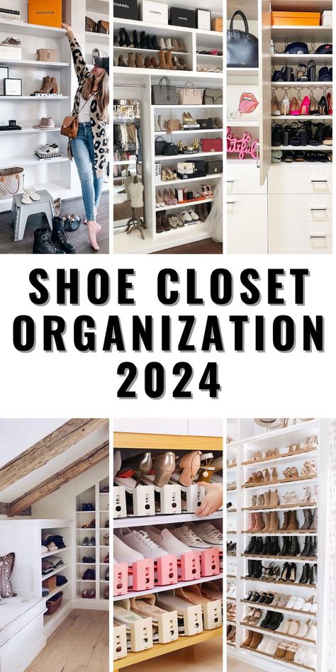 Revolutionize your shoe closet organization in 2024 with our latest ideas for small bedrooms. We focus on luxury, practical storage solutions that fit perfectly in tiny spaces. From sleek, black built-in units to ingenious Ikea hacks, find out how to make the most of your bedroom for both clothes and shoe storage. Custom Small Shoe Closet, Shoe Storage Ideas For Closet, Best Way To Store Shoes In Closet, Built In Shoe Storage Closet, Organizing Shoes In Small Closet Rack, Shoe Organization Closet Diy, Organizing Shoes In Small Closet Hanging, Shoe Storgae Closet, Walk In Closet Freestand Shoe Storage