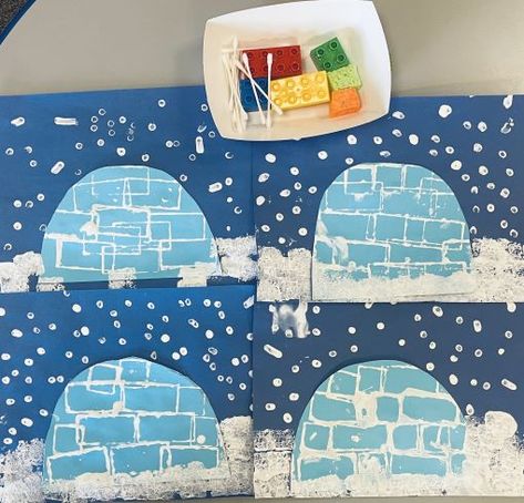 Lego Igloo Painting, Igloo Stamp Art, Igloo Art For Toddlers, Igloo Activities For Toddlers, Igloos For Kids, Process Winter Art For Preschool, Inuit Craft For Kids, Igloo Project For Kids, Polar Activities For Preschool