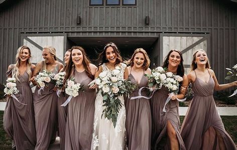 Unify your maids in a matching color but let each gal choose the style that works for her like these lovely @iheartazazie styles in Hazelnut!  | : @nataliecahophoto      #weddinginspiration #weddingsbycolor #colortheme #weddingplanner #dailydoseofcolor #colorpop #splashofcolor #weddingcolors #brownbridesmaidsdresses #brownweddings #brown Color Palettes Neutral, Taupe Bridesmaid Dresses, Neutral Bridesmaid Dresses, Neutral Dresses, Fall Bridesmaids, Bridesmaid Dresses Azazie, Bridesmaid Saree, Fall Bridesmaid Dresses, Champagne Bridesmaid