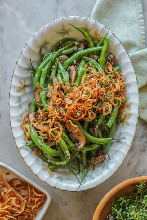 Mushroom Green Beans, Green Beans With Mushrooms, Shallots Recipe, Crispy Green Beans, Shallot Recipes, Thanksgiving Salad Recipes, Green Beans Mushrooms, Celery Salad, Thanksgiving Salad