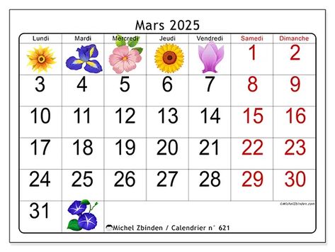 Calendrier mars 2025 : Fleurs (n° 621) - Michel Zbinden FR Mars, Dates, Color, Organisation