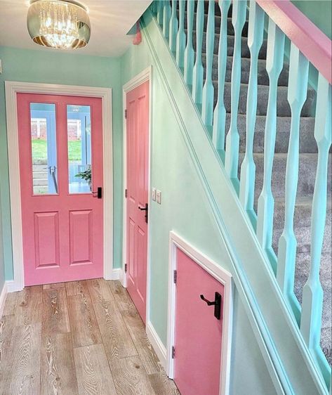 Colourful House Aesthetic, Colourful Houses Interior, Happy Paint Colors, Rainbow Hallway, Colorful House Exterior, Pastel Hallway, Colourful Hallway, Colourful House, Colourful Homes