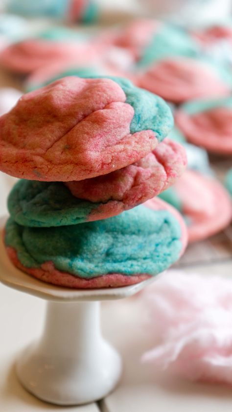 Cotton Candy Cake Pops, Cotton Candy Flavored Desserts, Cotton Candy Sugar Cookies, Cotton Candy Pound Cake, Bubblegum Cookies, Pink And Blue Cookies, Blue Brownies Recipe, Cotton Candy Dessert Ideas, Cotton Candy Recipes