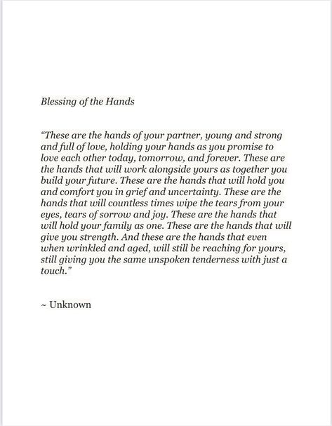 Blessing of the Hands PDF to download for weddings or other occasions. If you have trouble downloading the file, please message me and I will email it to you. Thank you Blessing Of The Hands, New Years Eve Traditions, Wedding Prayer, Wedding Blessing, Wedding Poems, Most Beautiful Words, Godly Relationship, Journal Writing Prompts, You Promised