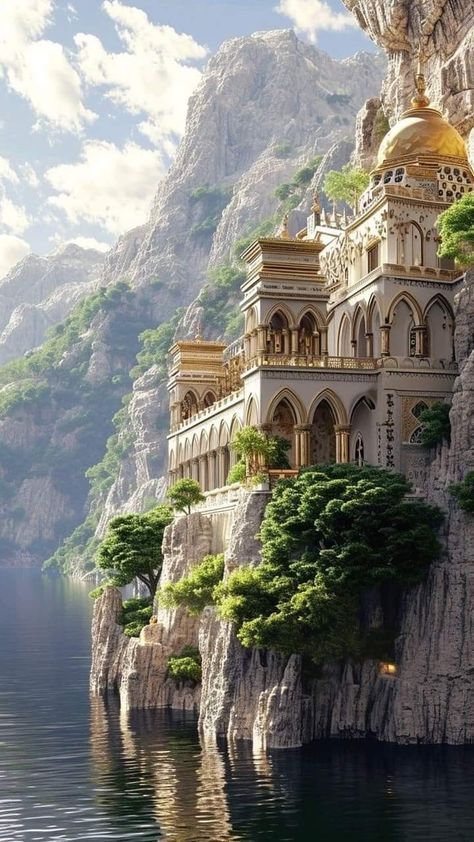 Waterfall City, Greek Castle, Unreal Places, Greek Buildings, Fantasy Settings, Fantasy Architecture, Future Buildings, Christmas Scenery, Castles Interior