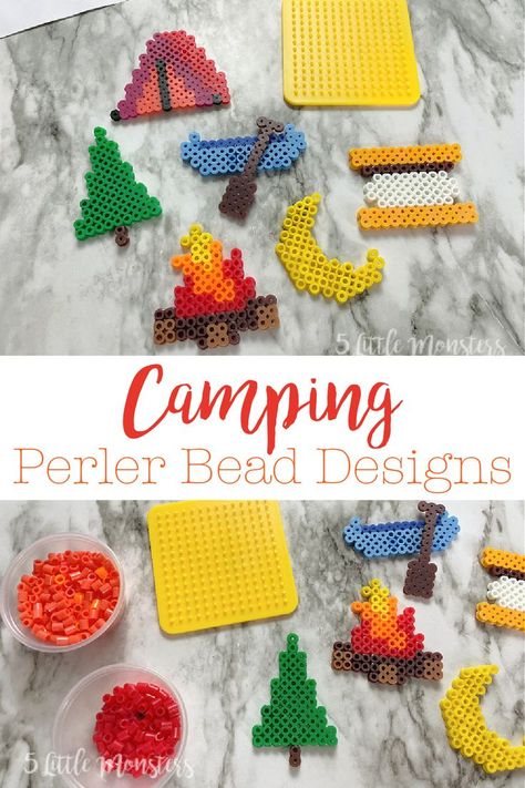 6 perler bead design patterns with a camping theme, including a tree, tent, canoe, s'more, moon, and a campfire. Perler Beads Ideas Cute Animals, Camping Perler Beads, Tree Perler Bead Patterns, Forest Perler Bead Patterns, Summer Perler Beads, Summer Perler Bead Patterns, Moon Perler Bead Pattern, Bead Color Patterns, Peeler Bead Pattern