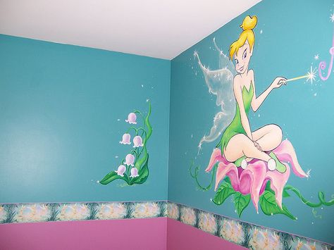 Tinkerbell with flower Baby Nursery Murals, Fairy Mural, Fairy Wall Art, Fairy Bedroom, Fairy Room, Tinkerbell And Friends, Kids Room Murals, Wall Art Diy Paint, Murals For Kids