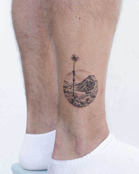 Colombian landscape tattoo inked in a circle on the right ankle Colombian Tattoos, Skin Color Tattoos, Colour Tattoo For Women, American Traditional Tattoos, Iris Tattoo, Trip To Colombia, Belly Tattoos, Tattoo Shirt, Landscape Tattoo