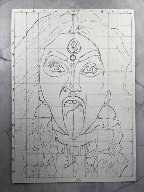 Grid Line Drawing, Kali Drawing Art, Kali Puja Drawing, Maa Kali Sketch, Maa Drawing, Easy Hand Drawings, God Drawing, Pencil Drawing Images, Buddhist Art Drawing