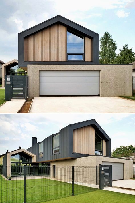 The rebated second floor floats above the light contour of the glass first floor. The garage block made of natural fair-faced concrete balances this composition. Cottage Resort, Contemporary Bungalow, Light Contour, Metal Facade, Contemporary House Exterior, Metal Barn, House Construction Plan, Shed Homes, House Outside Design