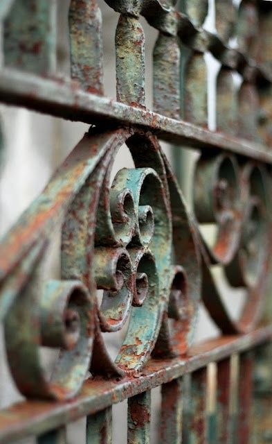 From Dishfunctional Designs: For The Love Of Verdigris Backyard Bee, Porte Cochere, Old Metal, Wrought Iron Gates, Rusted Metal, Peeling Paint, Iron Fence, Iron Work, Iron Gates