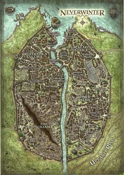 Map of the city of Neverwinter in Toril, released by Wizards of the Coast Lost Mines Of Phandelver, Fantasy City Map, Map Layout, Dnd World Map, Fantasy Town, Imaginary Maps, Fantasy World Map, Dungeons And Dragons 5e, Tabletop Rpg Maps