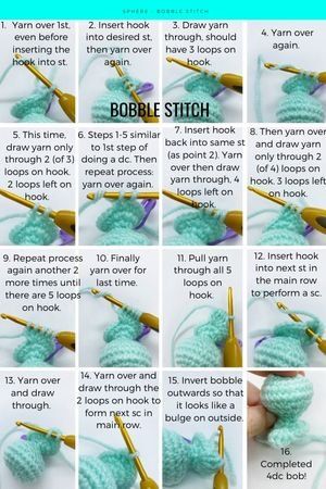 steps for a 4 double crochet bobble stitch Double Crochet Bobble Stitch, How To Bobble Stitch Crochet, Bobble Stitch Crochet Tutorial, Crochet Bobble Stitch, Bubble Stitch Crochet, Bobble Stitch Tutorial, Crochet Cluster Stitch, Bobble Stitch Crochet, Bobble Crochet