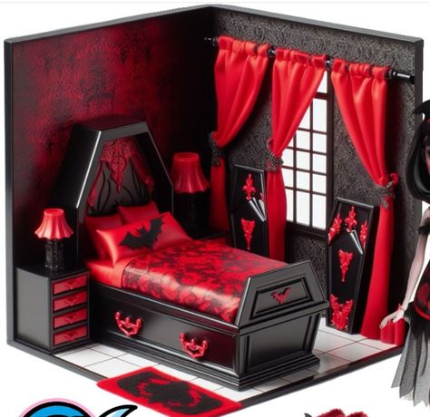 Vampire House Decor, Monster High Room Aesthetic, Monster High Doll House Diy, Monster High Dorm Room, Vampire Bedroom, Monster High Doll House, Monster High Doll Accessories, Monster High Room, Monster High Rooms For Doll