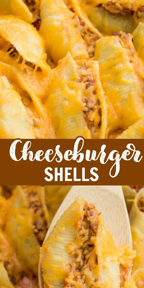 Large Shells Recipe, Cheeseburger Stuffed Shells, Pasta Shells With Ground Beef, Ground Beef Stuffed Shells, Shells With Ground Beef, Jumbo Shell Recipes, Jumbo Shells, Shell Pasta Recipes, Cheeseburger Pasta