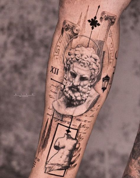 Stoicism Tattoo Sleeve, Greek History Tattoo, Versailles Tattoo, Roman Tattoo Mythology, Greek Mythology Sleeve Tattoo, Stoicism Tattoo Ideas, Janus Tattoo, Greek Mythology Tattoos Sleeve Ideas, Greek Geometric Tattoo