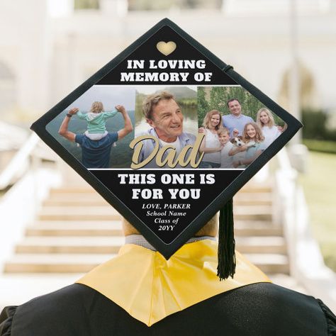 This item is trending! Any Quote Memorial Photo Collage In Loving Memory Graduation Cap Topper It's a great choice  Any Quote Memorial Photo Collage In Loving Memory Graduation Cap Topper It's in stock and ready to ship.Honor a departed loved one at your school commencement ceremony... Memory Graduation Cap, Mom In Heaven Quotes, Graduation Hats, 3 Photo Collage, High School Graduation Cap, Black Graduation, Graduation Cap Toppers, Graduation Cap Designs, Thanks Mom