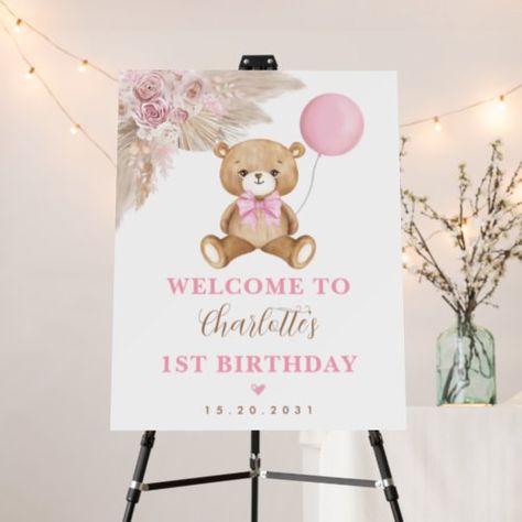 $78.25 | Pastel Pink Teddy Bear Boho 1st Birthday Welcome #we can bearly wait, elegant trendy sweet modern, cute teddy bear with balloon, 1st first birthday party, soft pastel desert blooms, welcome sign banner backdrop, girl baby shower, blush rose white orchids, chic dusty pink bohemian flowers, boho pampas grass Boho 1st Birthday, Teddy Bear Theme, Teddy Bear Wallpaper, Teddy Bear Girl, Bearly Wait, Pink Teddy Bear, Bear Girl, Cute Teddy Bear, Bear Theme