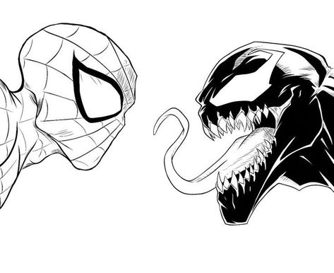 Venom Easy Sketch, Venom Vs Spiderman Drawing, Spider Man Vs Venom Drawing, Venom Spiderman Drawing, Spider Man Line Art, Venom And Spiderman Drawing, Venom Drawing Sketch Easy, Spider Man And Venom Drawing, Spiderman And Venom Drawing