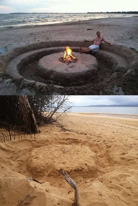 Great bonfire idea! Beach Fire Pit, Beach Life Hacks, Beach Sand Art, Playa Ideas, Beach Day Essentials, Beach Fire, Beach Bonfire, Sand Sculptures, Beach Hacks