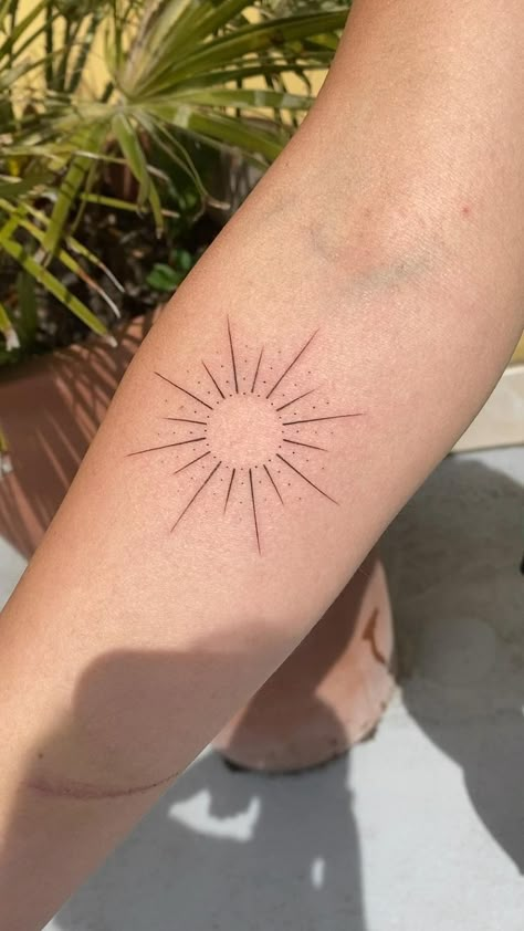 Sun Fine Line Tattoo, Witchy Finger Tattoos, Simple Sun Tattoo, Brown Tattoo Ink, Ankle Tattoos For Women, Elbow Tattoos, Fine Line Tattoo, Forearm Tattoo Women, Sun Tattoos