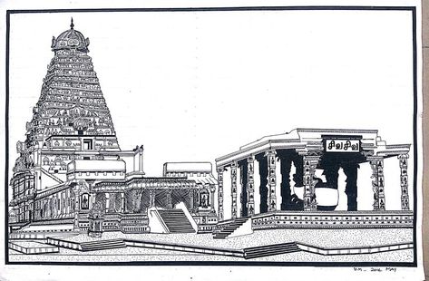 TANJORE BIG TEMPLE FULL VIEW, DRAWN WITH ROTRING ISOGRAPH PEN Tanjore Big Temple, Thanjavur Temple, Big Temple, Temple Drawing, Pencil Drawing Images, Ancient Indian Architecture, Easy Mandala Drawing, Drawing Ideas List, Temple Pictures