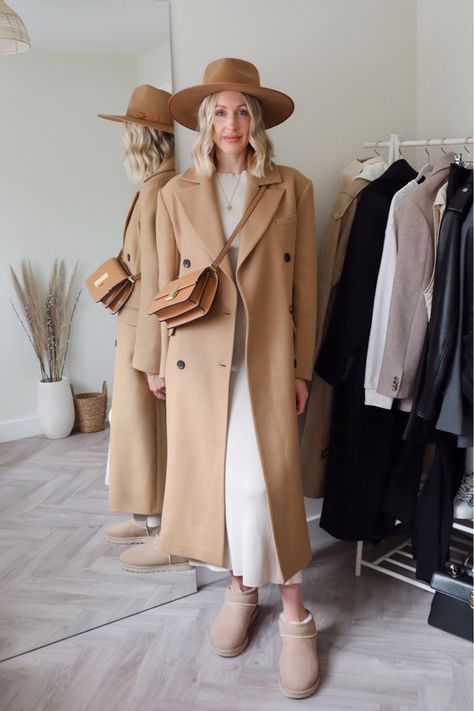 Ugg ultra mini smart / casual outfit • Fedora - lack of color • Dress - Dissh (alternative linked) • Ugg boots in sand - 10% off ‘CHARLOTTEFF’ until Oct 31st at Farfetch • bag - Marks & Spencer • wool camel coat - Karen Millen #uggboots #uggultamini #woolcoat #autumnstyle Follow my shop @charlottebuttrick on the @shop.LTK app to shop this post and get my exclusive app-only content! #liketkit #LTKSeasonal #LTKshoecrush #LTKsalealert @shop.ltk https://liketk.it/3S0pX Sand Ultra Mini Uggs, Fedora Hat Winter Outfit, Ugg Ultra Mini Sand Outfit, Ugg Ultra Mini Sand, Beige Uggs Outfit, Sand Uggs Outfit, Farfetch Bag, Ultra Mini Outfit, Ugg Ultra Mini Outfit