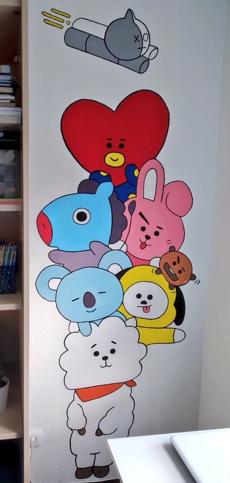 Cute Drawing For Wall Decor, Diy Room Wall Painting Bedrooms, Cartoon Painting On Wall, Bts Rangoli Designs, Drawing Ideas On Wall, Cute Wall Painting Ideas Aesthetic, Room Wall Painting Ideas Aesthetic, Bt 21 Drawing, Aesthetic Drawings To Put On Your Wall