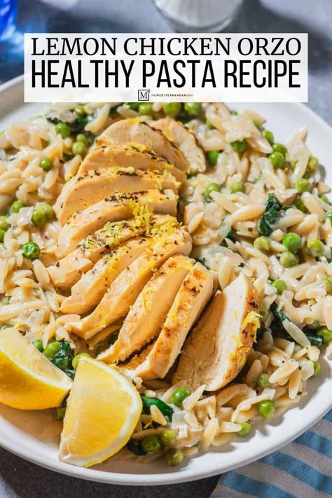 Lemon chicken orzo with peas, spinach, oregano, and lemon. This easy, healthy lemon chicken orzo pasta uses one pan and no heavy cream. Lemon Chicken Orzo Pasta, Orzo With Peas, Chicken Orzo Pasta, Healthy Lemon Chicken, Skillet Food, No Heavy Cream, Lemon Chicken Orzo, Orzo Soup Recipes, Week Meals