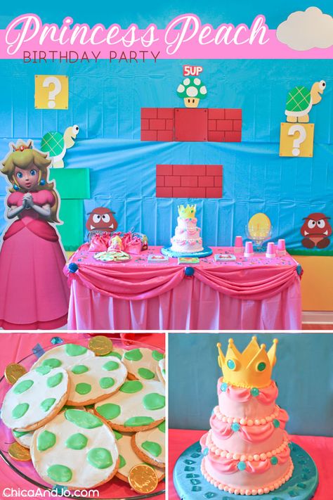 Peaches Birthday Party Mario, Diy Princess Peach Birthday, Mario Peaches Birthday Party, Super Mario Bros Party Ideas Princess Peach, Mario Princess Birthday Party, Mario Birthday Party Princess Peach, Super Mario Princess Birthday Party, Princess Peach Birthday Centerpieces, Princess Peach And Daisy Birthday Party