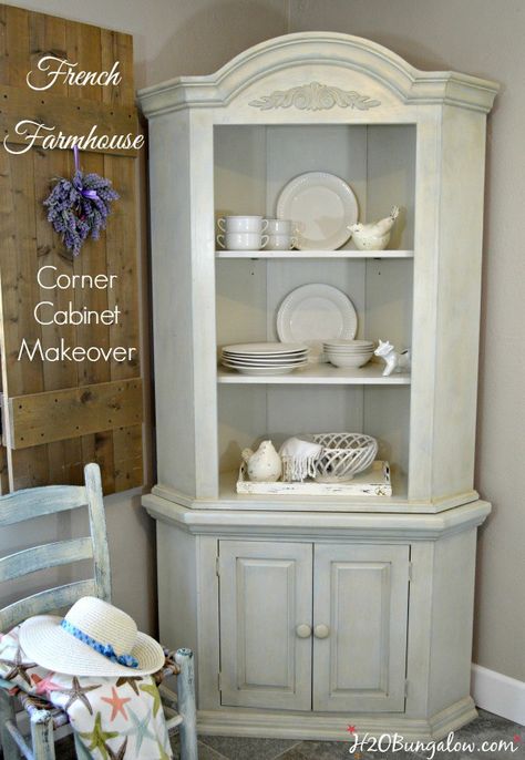 French farmhouse corner cabinet makeover with Amy Howard New Toscana Paint Finish Tutorial by H2OBungalow Corner Cabinet Decorating Ideas, Corner Cabinet Makeover, Farmhouse Corner Cabinet, Knotty Pine Cabinets, Corner China Cabinets, Pine Cabinet, Farmhouse Headboard, Pine Cabinets, Amy Howard