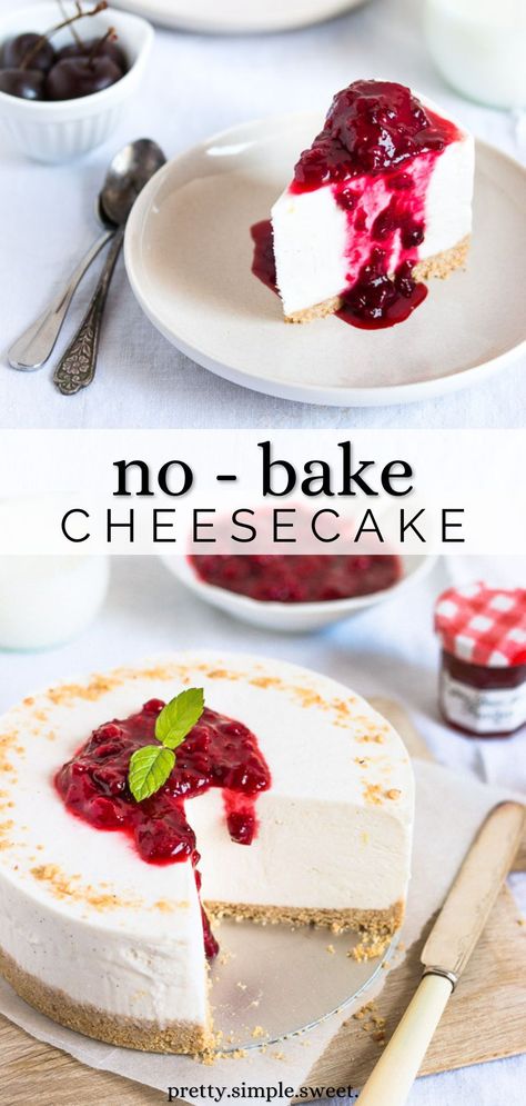 This is the best recipe for no bake cheesecake. This cheesecake is tall with a creamy mousse-like consistency, and it holds its shape well after refrigeration. It’s rich but not heavy, and it tastes absolutely amazing. It's a simple and easy no bake cheesecake recipe everyone will love! | no bake cheesecake recipes easy | no bake cheesecake recipe philadelphia No Bake Cheesecake With Heavy Cream, No Bake Cherry Cheesecake Recipes With Sweetened Condensed Milk, Small Cheesecake Recipe No Bake, Best Cheesecake Recipe No Bake, Creamy No Bake Cheesecake, Non Baked Cheesecake Recipes, Unbaked Cheesecake Recipes, No Bake Cottage Cheese Cheesecake, Thick Cheesecake Recipe