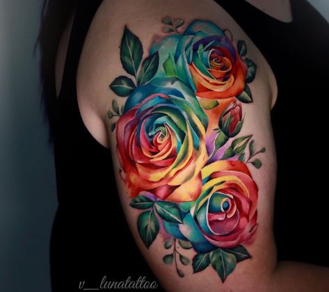 Rainbow Roses Tattoo, Rose And Jewel Tattoo, Rose Shoulder Tattoo Color, Multi Color Rose Tattoo, Colorful Rose Tattoos For Women, Colorful Arm Tattoos For Women, Rainbow Rose Tattoo, Drawing Dynamics, Coloured Rose Tattoo