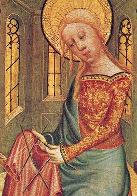 "Madonna knitting Christ's seamless garment", Meister Bertram von Minden (1335-1415). Medieval Occupations, Sculpture Textile, Knitting Group, Medieval Life, Blackwork Embroidery, Knit Art, The Virgin Mary, Tableau Art, Knitted Wit