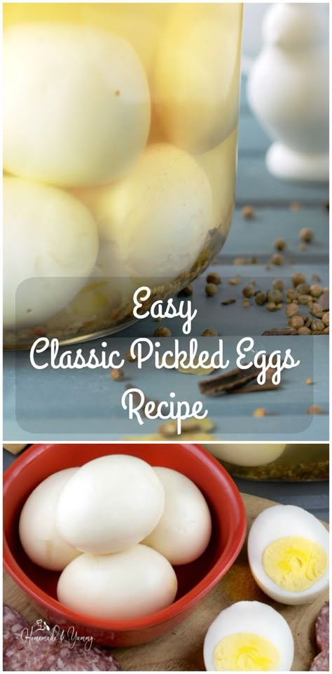 A true pub favourite, this Easy Classic Pickled Eggs Recipe is done my way. So many variations competing for "the best" tasting egg. | http://homemadeandyummy.com Pickling Eggs Recipe, Picked Eggs Recipe, How To Make Pickled Eggs, Best Pickled Eggs Recipes, Bar Pickled Eggs Recipe, Picking Eggs, Old Fashioned Pickled Eggs Recipe, Pickled Quail Eggs Recipe, Pickles Eggs