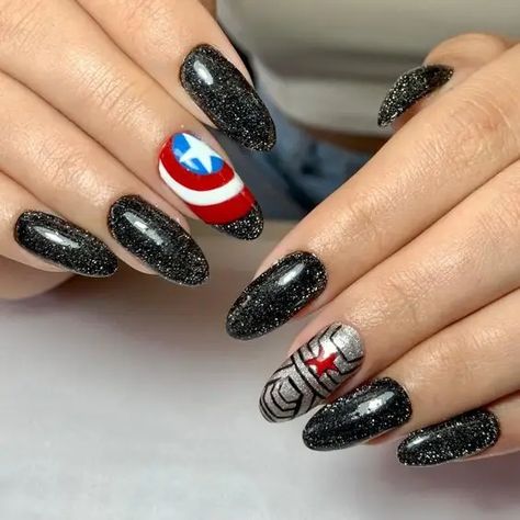 40+ Spooky and Fun Halloween Nail Art Ideas - HubPages Captain America Nail Art, Bucky Nails Designs, Captain America Nails Designs, Superhero Nail Designs, Winter Soldier Nail Art, Bucky Barnes Inspired Nails, Captain Marvel Nails, Marvel Nails Designs The Avengers, Marvel Themed Nails