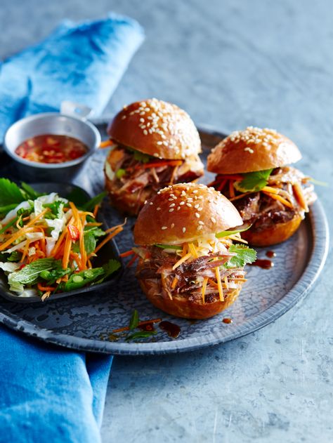 Summer Food Photography, Asian Tapas, Pork Sliders Recipes, Asian Slaw Recipe, Balsamic Onions, Pulled Pork Sliders, Asian Slaw, Tesco Real Food, Pork Sliders