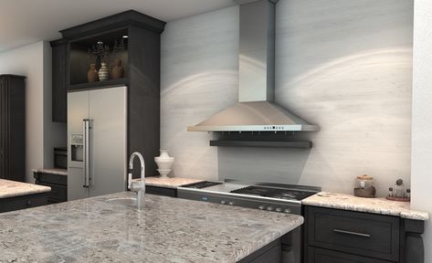 A stainless steel wall-mounted range hood in a kitchen with a marble-look wall. Outdoor Grill Cover, Best Range Hoods, Kitchen Cooktop, Steel Range Hood, Stainless Range Hood, Steel Hood, Stainless Steel Hood, Outdoor Sinks, Wall Mount Range Hood