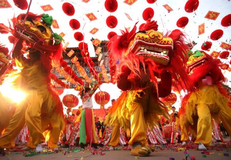 THE CHINESE SPRING FESTIVAL New Year Songs, Festivals In China, Lion Dragon, Chinese Spring Festival, New Years Song, Festival Food, New Year Art, Dragon Dance, Lion Dance