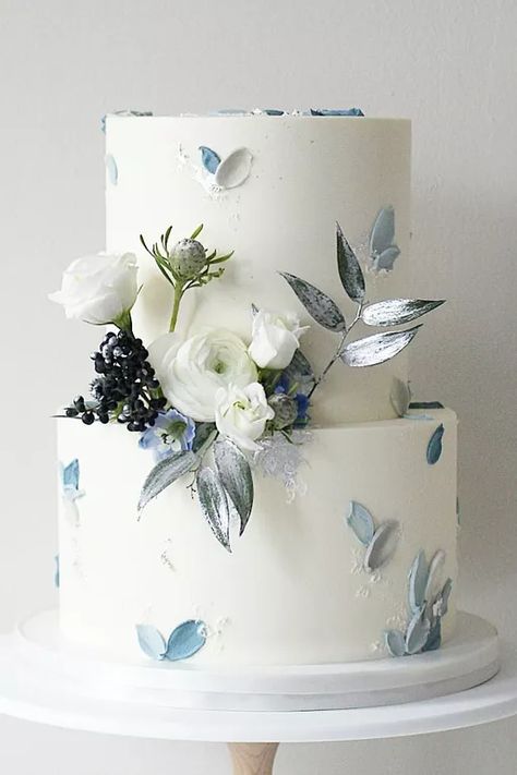 Wedding Cake Dusty Blue, 2 Tier Wedding Cakes, Soul Cake, Baby Blue Weddings, Wedding Cake Display, Lavender Cake, Green Wedding Cake, Honey Lavender, Wildflower Honey