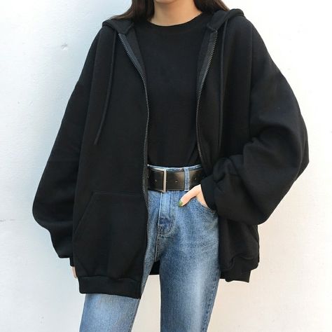 Zipper Sweater Outfit, Oversized Jacket Outfit, Hoodie Outfit Aesthetic, Hoddies Outfits, Black Jacket Outfit, Dynasty Outfits, 2000s Clothing, Jacket Outfit Women, Zipper Hoodies