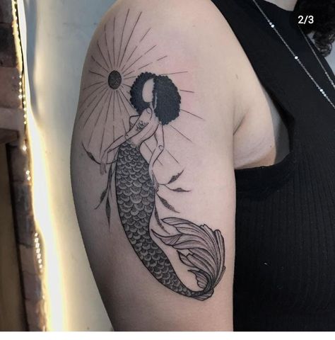 Mermaid With Curly Hair Tattoo, African American Mermaid Tattoo, Black Mermaid Tattoo Designs, Curly Hair Mermaid Tattoo, Tobe Nwigwe Aesthetic, Afro Queen Tattoo, Siren Tattoo Traditional, Mermaid Sleeve Tattoo, Afro Mermaid Tattoo