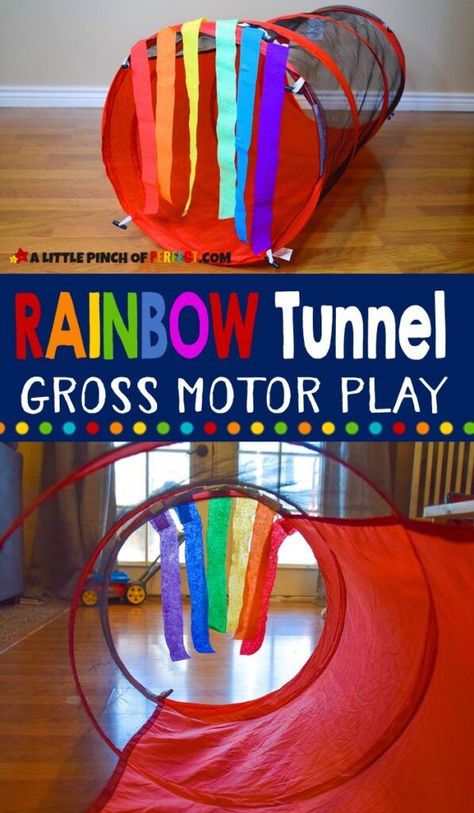 Sensory RAINBOW TUNNEL an Easy Gross Motor Kids Activity - Learn how to make a Rainbow Tunnel for kids to crawl through and play. #preschool #toddler #kidsactivity #sensoryplay Gross Motor Outdoor Activities, Weather Gross Motor Activities, Color Gross Motor Activities, Gross Motor Weather Activities Preschool, Rainbow Sensory Bags, Color Theme Activities For Infants, Baby Gross Motor Activities, Rainbow Outdoor Activities, Infant Gross Motor Activities Daycare