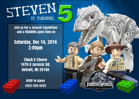 Lego Jurassic World 2 Birthday Invitation Jurassic World Lego Party, Lego Dinosaur Party, Lego Party Invitations, Jurassic World Birthday, Jurassic World Cake, Lego Birthday Invitations, Jurassic Birthday, Lego Jurassic Park, Lego Dinosaur