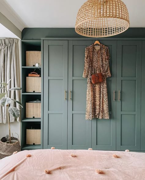 Fitted Wardrobe Revamp, Cupboard Wall Design, Closet World Closets, Simple Built In Wardrobe Ideas, Upcycle Built In Wardrobe, Sage Green Built In Wardrobe, Tall Wardrobe Ideas, Sage Green Bedroom Wardrobe, Full Wall Closet Ideas Bedroom