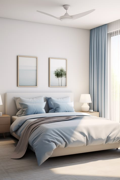 Tranquil Haven: 20 Soothing Blue Bedroom Ideas for 2024 - Quiet Minimal Blue Pastel Bedroom, Blue Bedding Aesthetic, Blue Beige Bedroom, Tranquil Bedroom Ideas, Dramatic Bedroom, Color Scheme Ideas, Beige House, Blue Bedroom Ideas, Pastel Bedroom